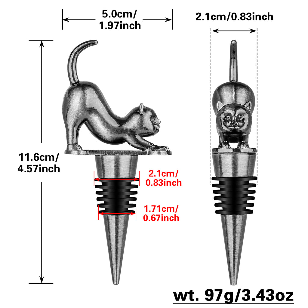 Stretching cat wine stopper size diagram in Dark Silver, 4.57 in tall, 97 g