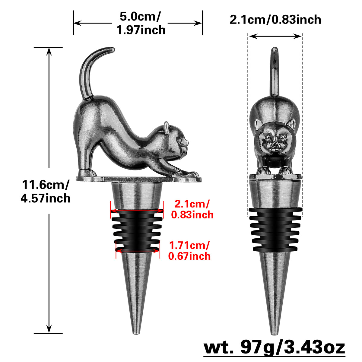 Stretching cat wine stopper size diagram in Dark Silver, 4.57 in tall, 97 g