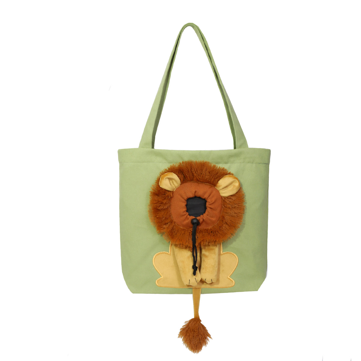 Light green lion design pet carrier tote bag, front view
