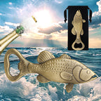 Bass fish bottle opener in Bronze with velvet bag over ocean background