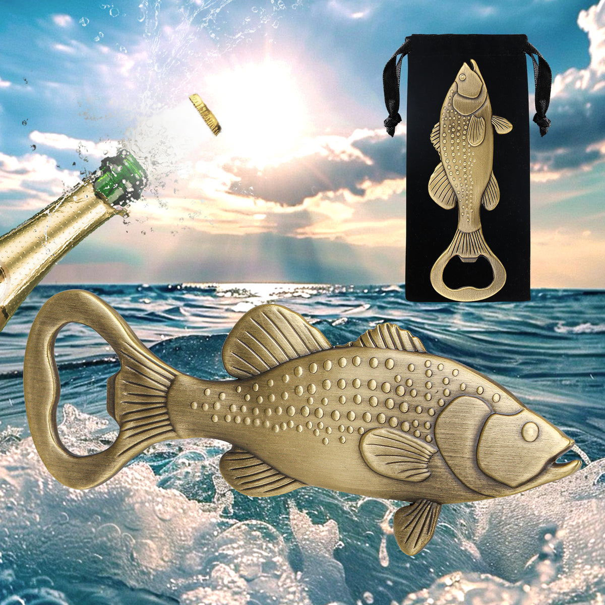 Bass fish bottle opener in Bronze with velvet bag over ocean background