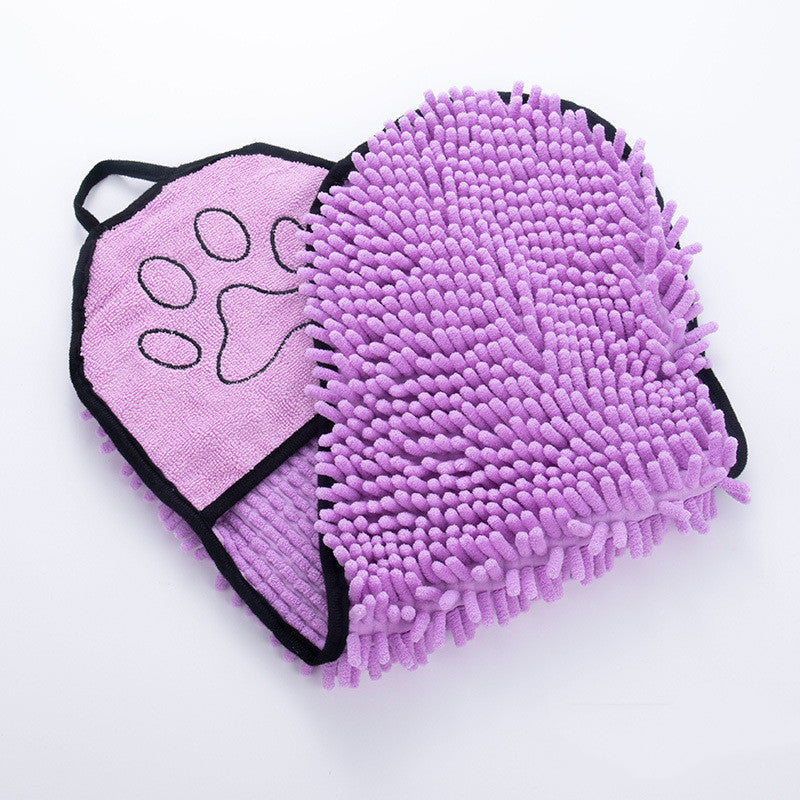 Purple chenille pet towel with paw-print pocket detail