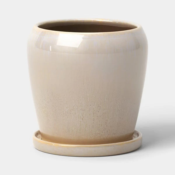 8 in Ceramic Planter with Reactive Glaze and Saucer, Off-White - image 1