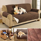Brown reversible quilted sofa cover on a sofa with a dog and child