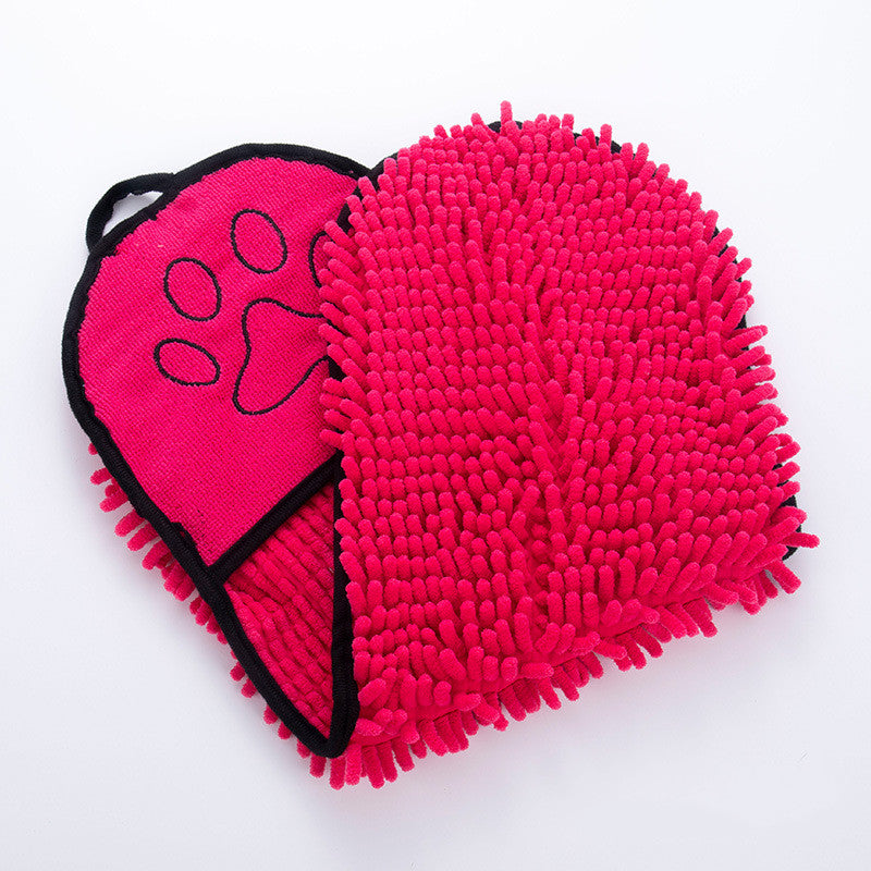 Rose red chenille pet towel with paw-print pocket detail