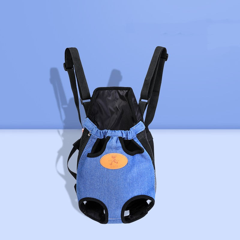 Denim blue front carrier cat backpack, front view