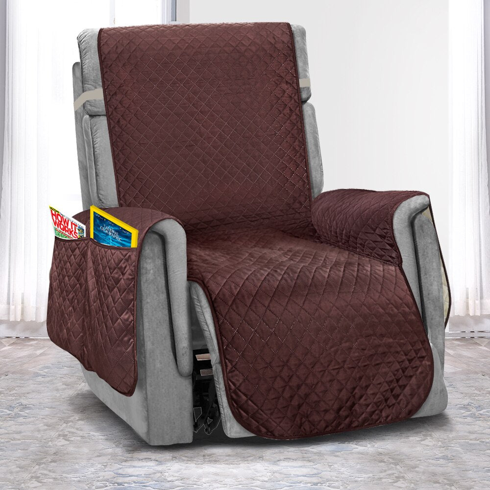 Coffee quilted cover on a recliner chair, with a side pocket
