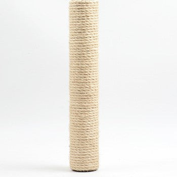 Cat scratching a horizontal sisal roller on a wooden floor stand