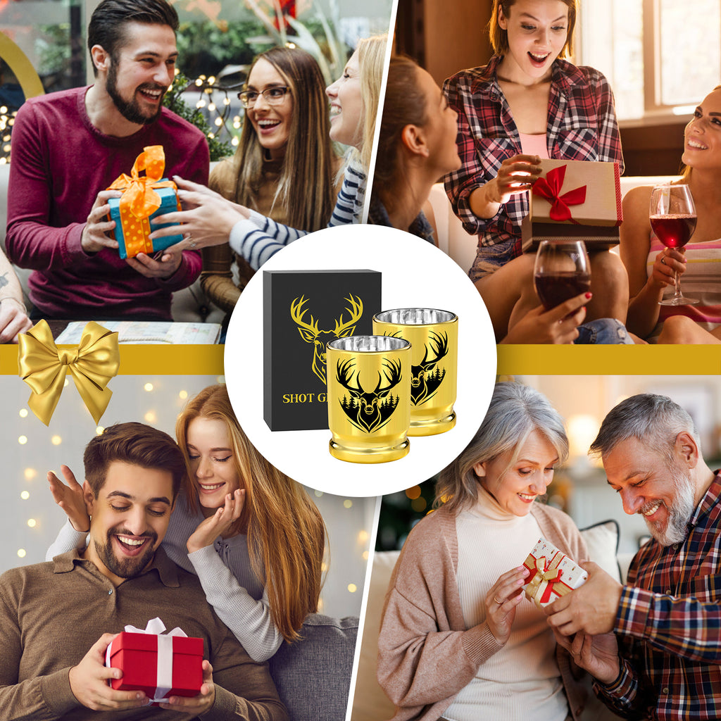 Deer head shot glass gift box shown in gift-giving scenes