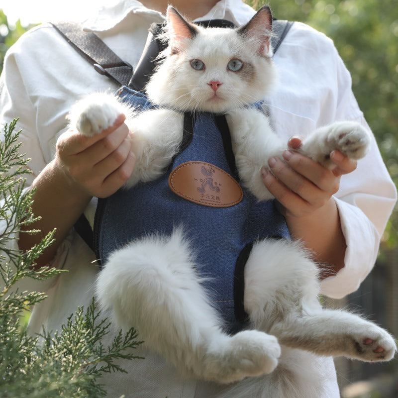Person holding a cat in a denim blue front carrier backpack outdoors