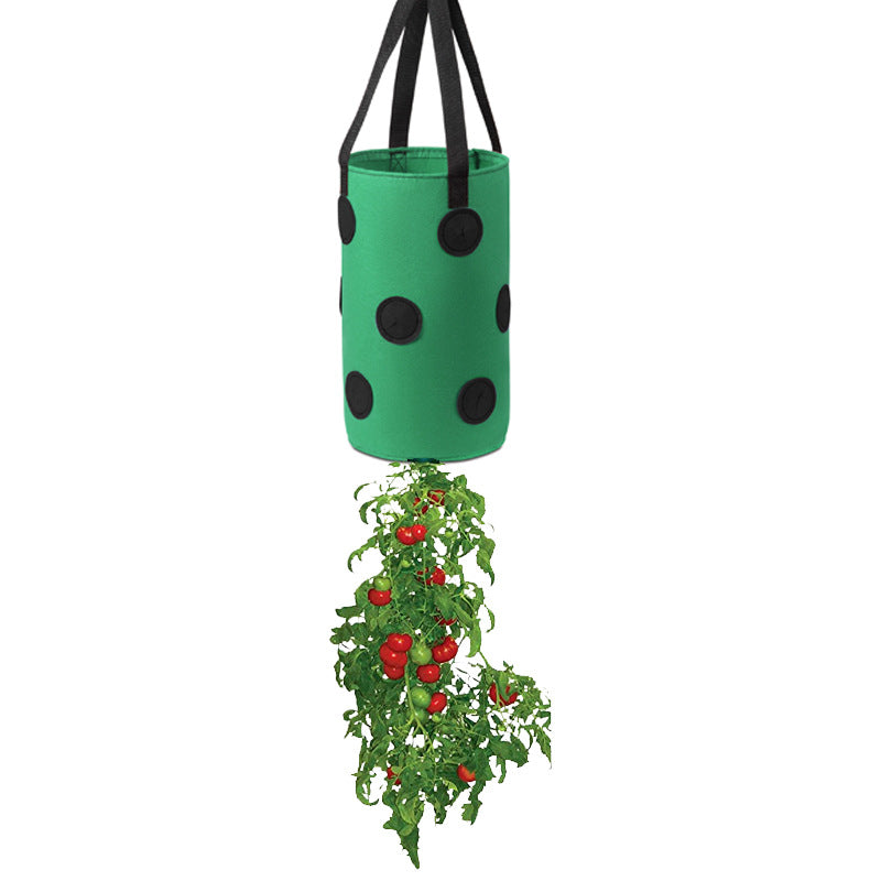 Green hanging grow bag with black handles and planting holes