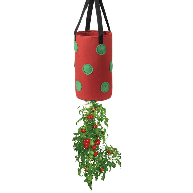 Red hanging grow bag with black handles and planting holes