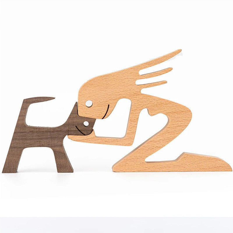 Wooden person and dog figurine, Style 9: kneeling person facing a dog