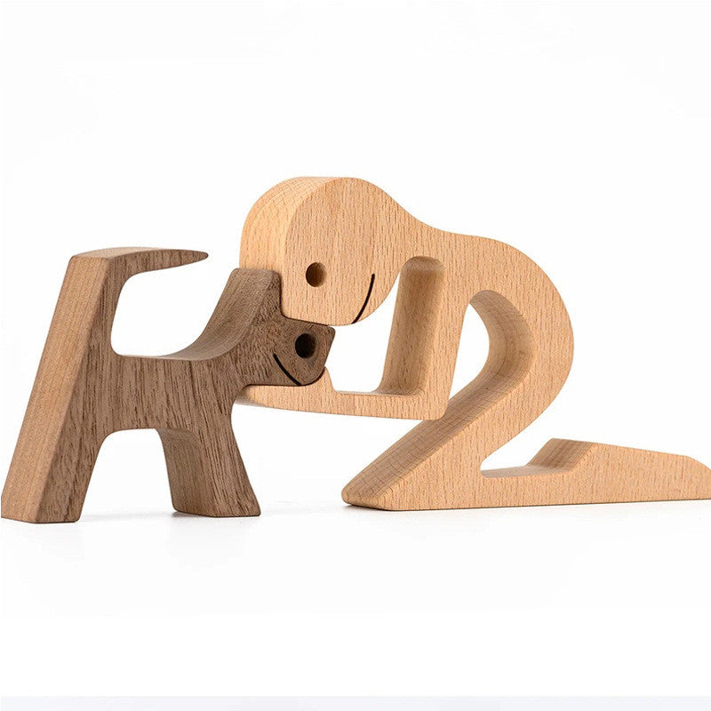 Wooden person and dog figurine, Style 10: crouching person with a dog