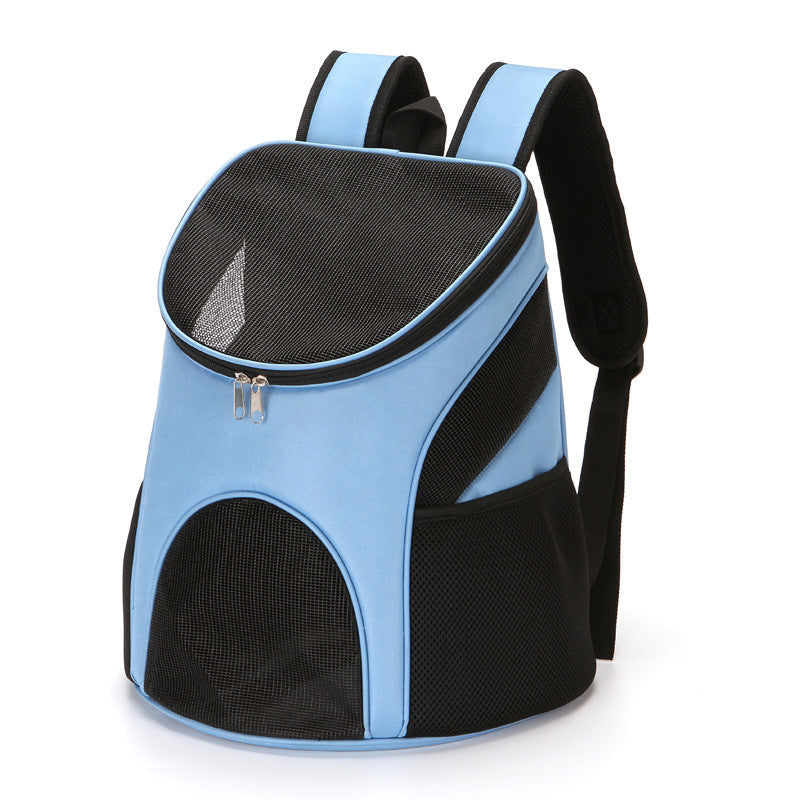 Light blue pet carrier backpack with mesh front window