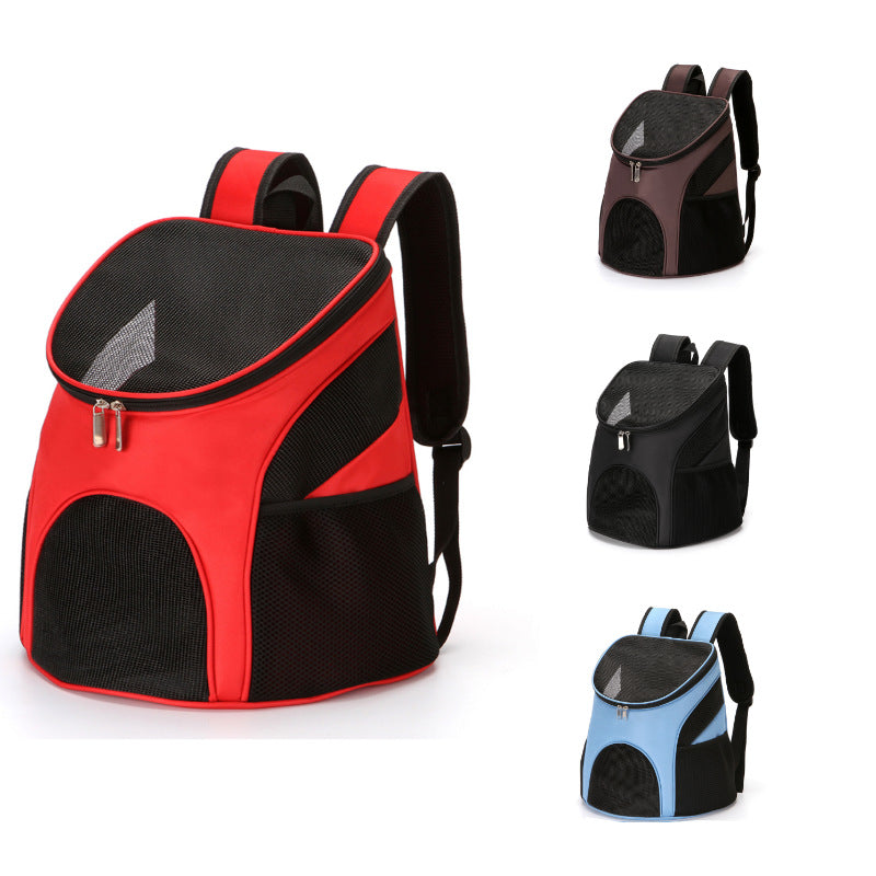 Red pet carrier backpack shown beside black, brown and blue colour options