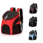 Red pet carrier backpack shown beside black, brown and blue colour options