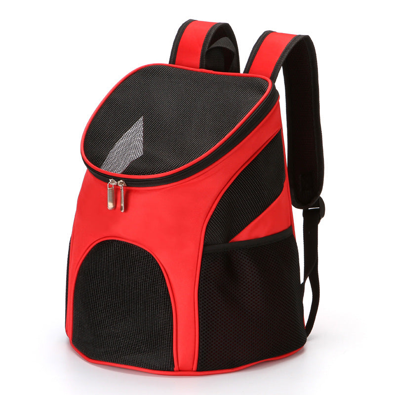 Red and black pet carrier backpack with mesh front window