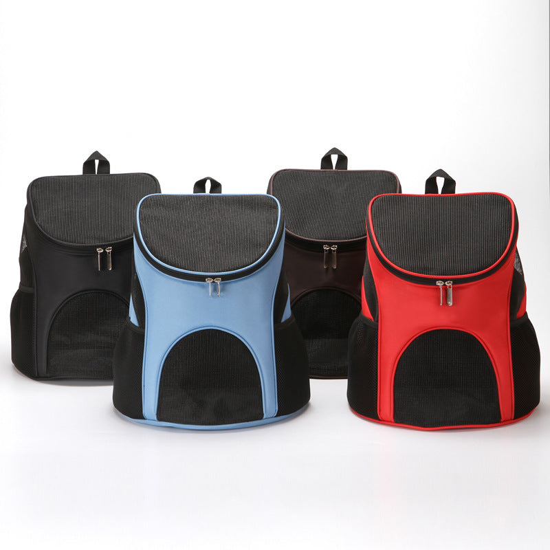 Black, blue and red pet carrier backpacks side by side