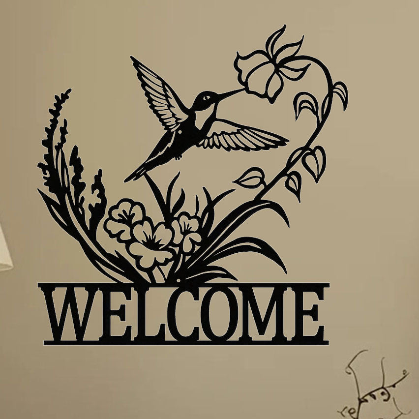 Hummingbird Welcome Sign, Black Metal Wall Art - image 2