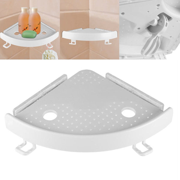 White adhesive corner shelf with hooks