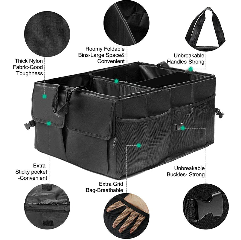Feature diagram of a black folding trunk organizer showing fabric, handle and strap details