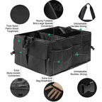 Feature diagram of a black folding trunk organizer showing fabric, handle and strap details