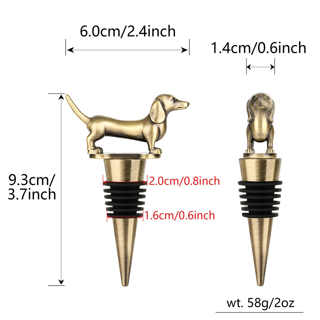 Bronze dachshund wine stopper size diagram, 3.7 in tall, 58 g