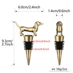 Bronze dachshund wine stopper size diagram, 3.7 in tall, 58 g
