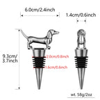 Dark Silver dachshund wine stopper size diagram, 3.7 in tall, 58 g