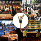 Golden dachshund wine stopper shown in bar and restaurant scenes