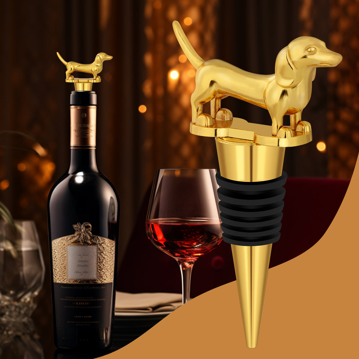 Golden dachshund wine stopper beside a bottle of red wine