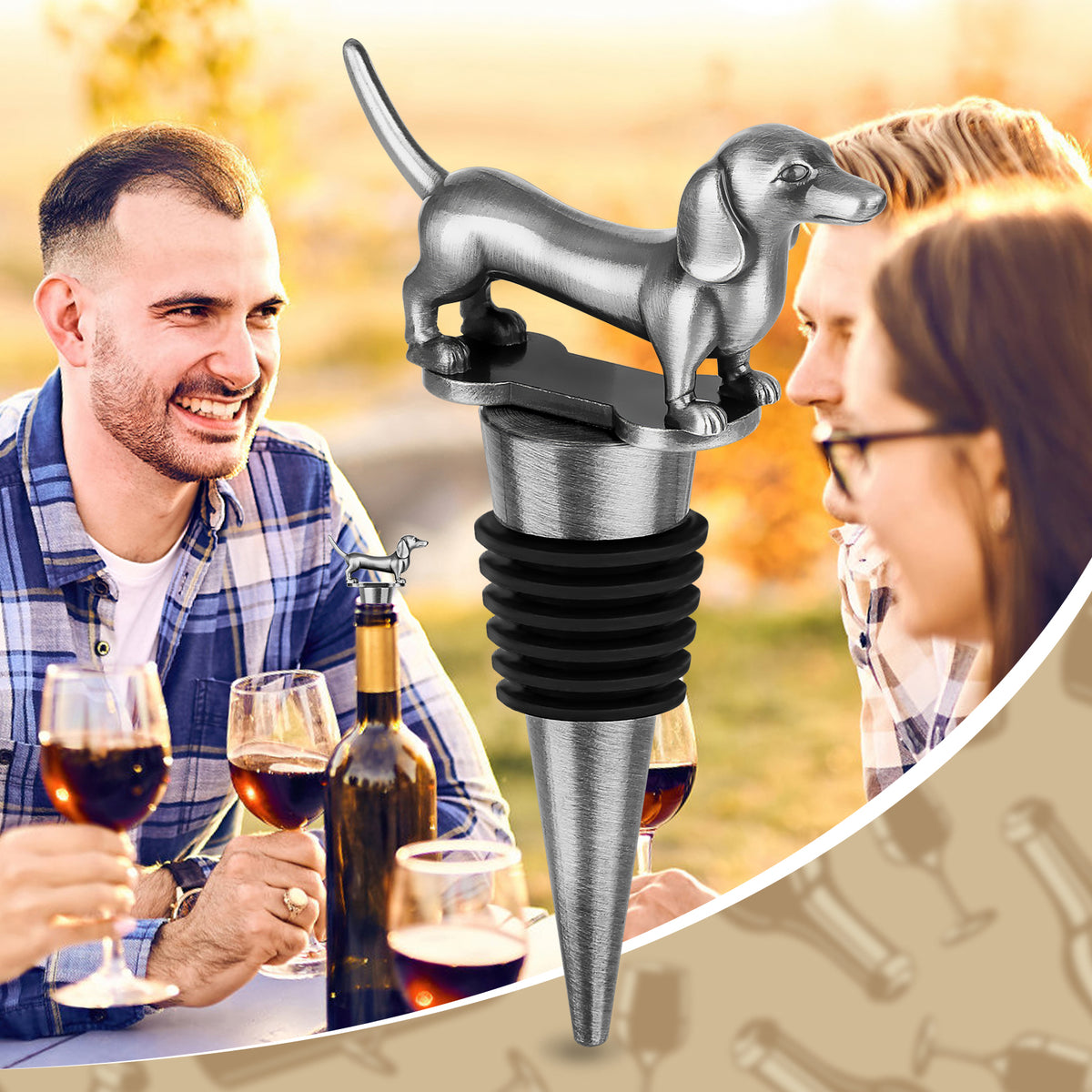 Dark Silver dachshund wine stopper with two people sharing wine