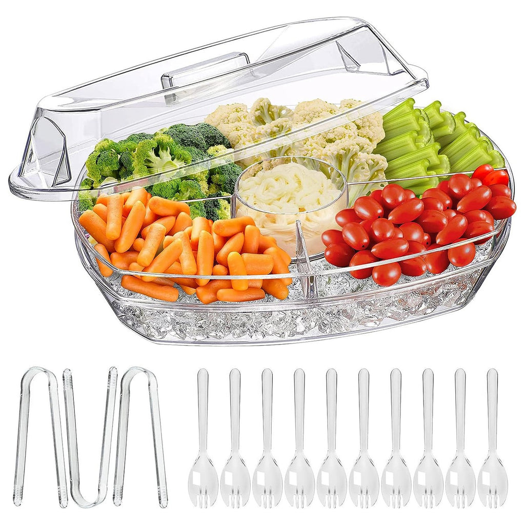 Chilled Serving Tray with Lid, 4 Sections, Tongs and Forks