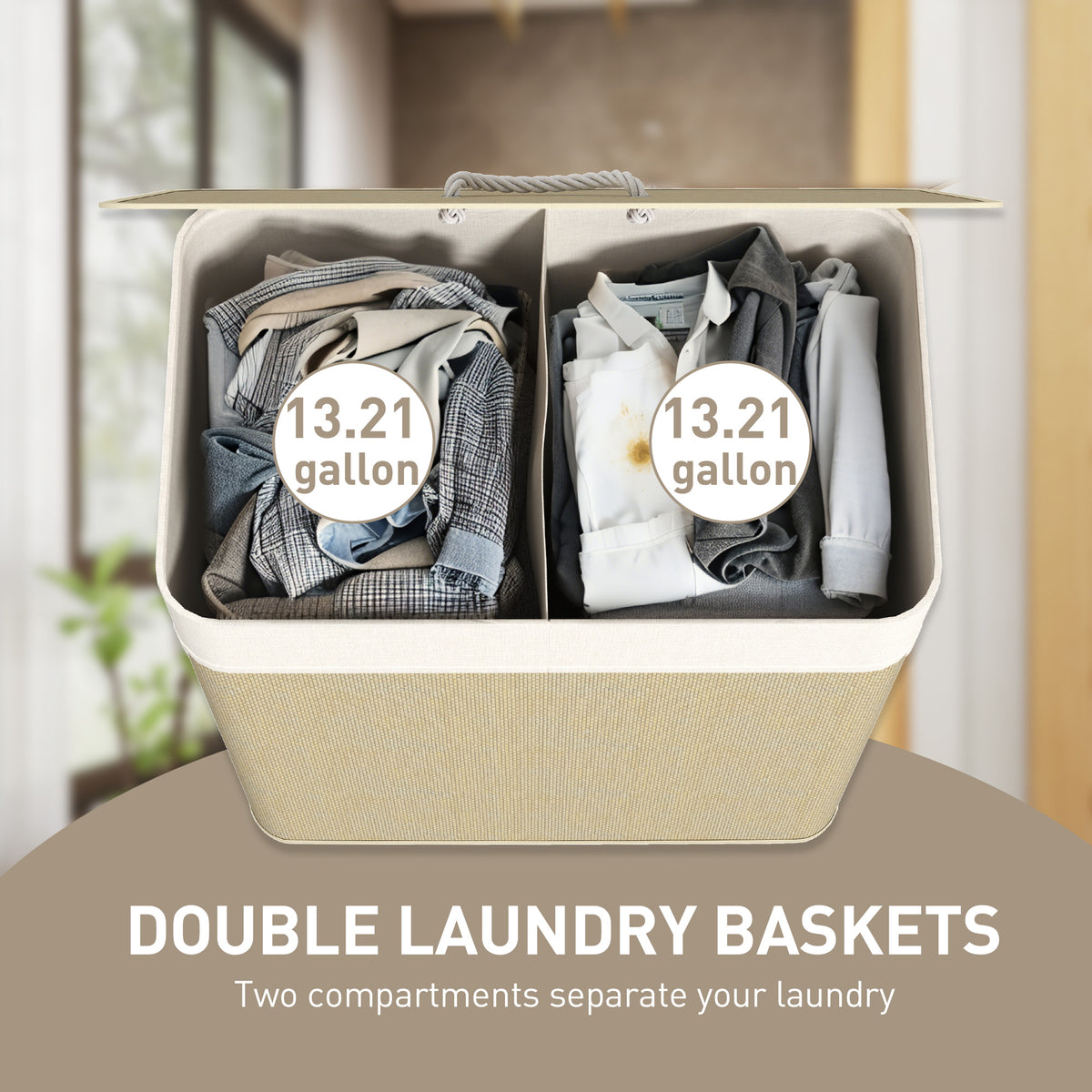 Double Bamboo Laundry Hamper with Lid, 2 Sections - view 4