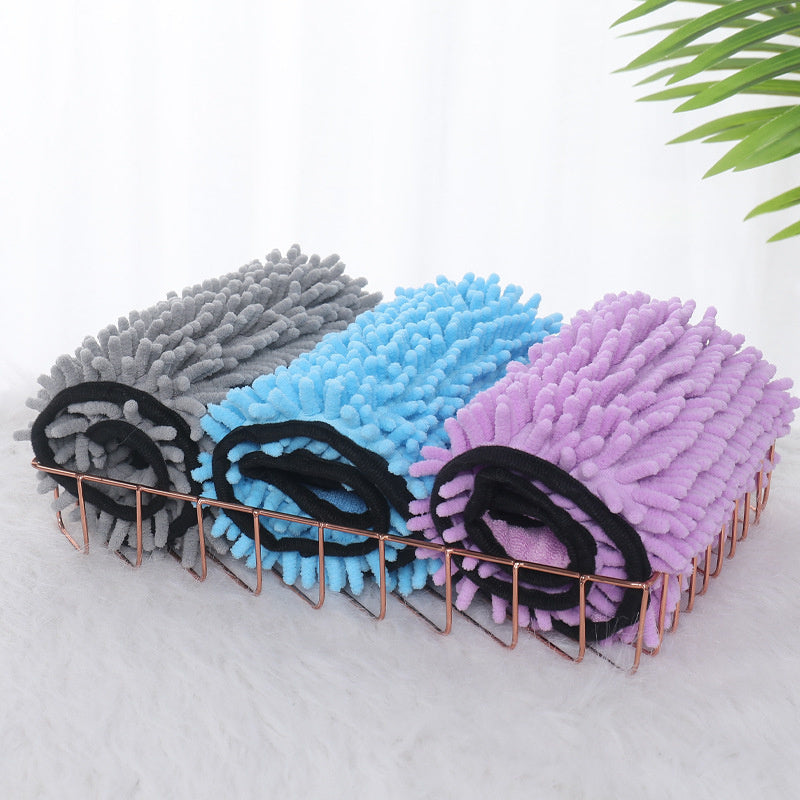 Three rolled microfiber pet towels in grey, blue and purple