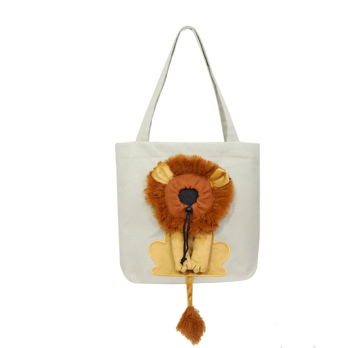 Light grey lion design pet carrier tote bag, front view