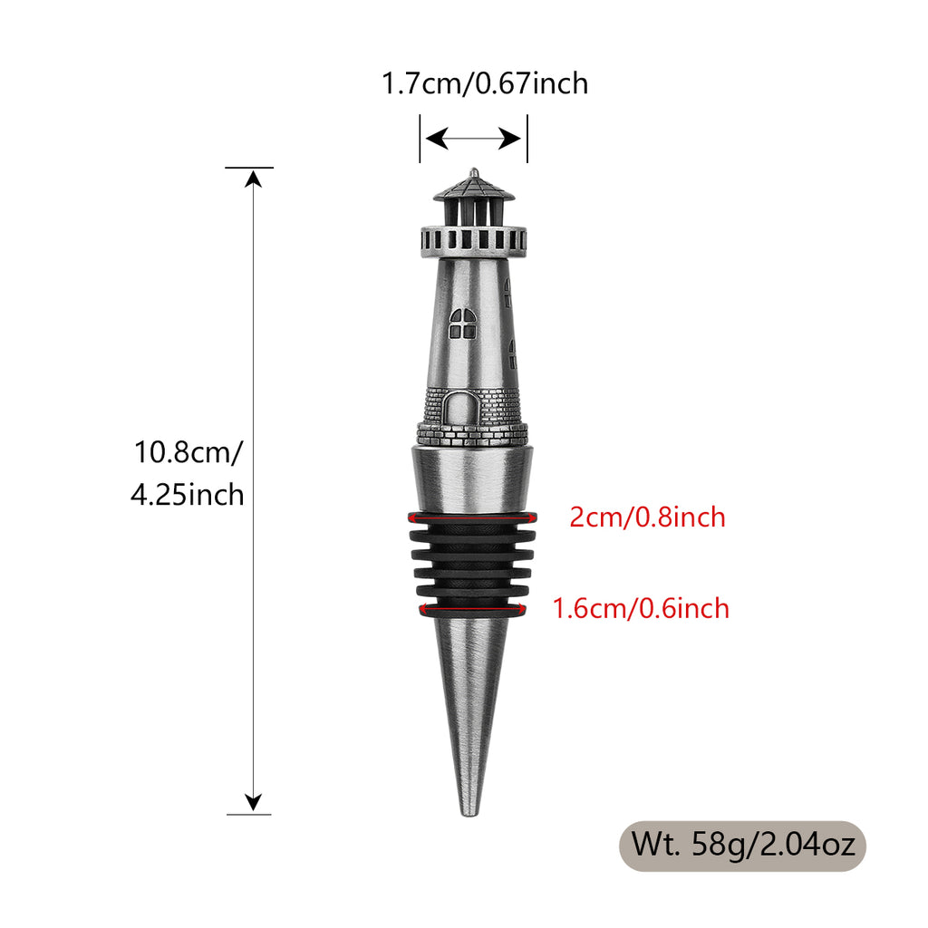 Dark Silver lighthouse wine stopper size diagram, 10.9 cm tall, 58 g