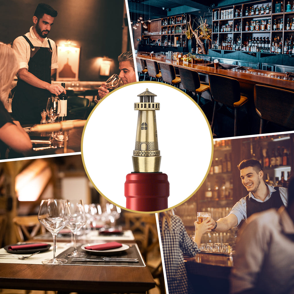 Bronze lighthouse wine stopper shown in bar scenes