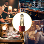 Bronze lighthouse wine stopper shown in bar scenes