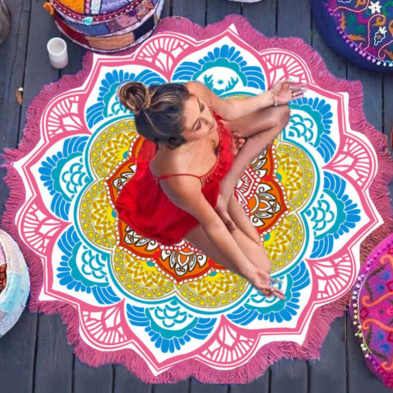 Round Mandala Beach Towel with Tassels, 59 in