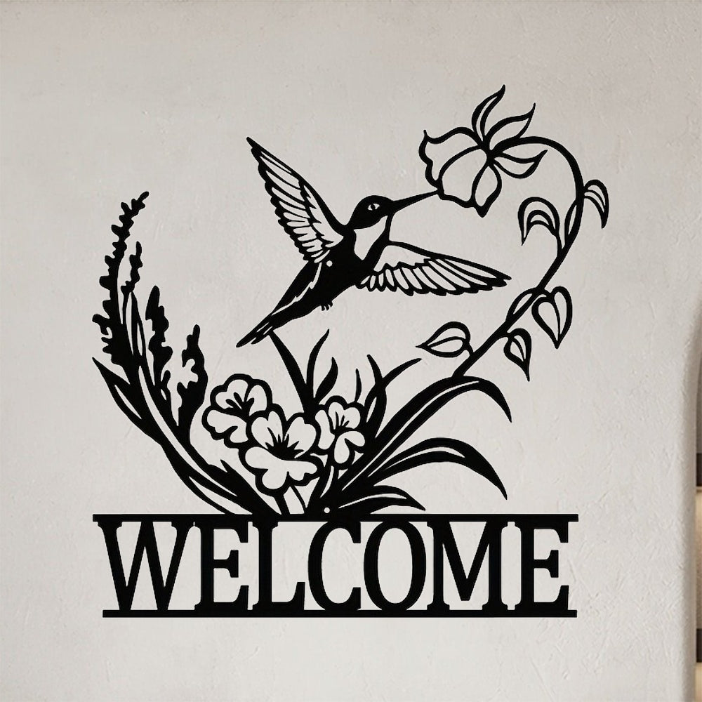 Hummingbird Welcome Sign, Black Metal Wall Art - image 1