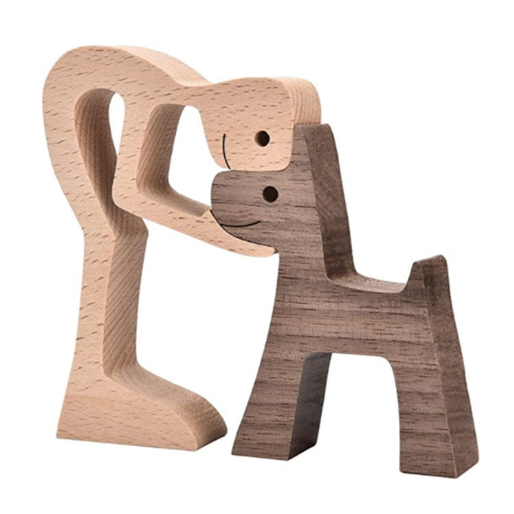 Wooden person and dog figurine, Style 19: tall person standing with a dog