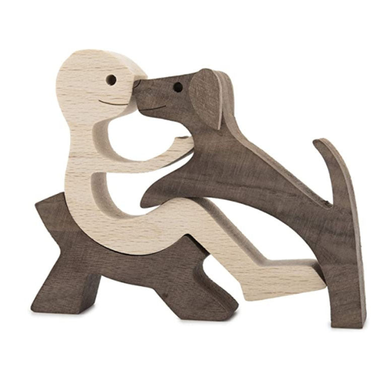 Wooden person and dog figurine, Style 17: person and dog nose to nose, two-tone wood