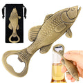 Bronze bass fish bottle opener with velvet bag and bottle in hand