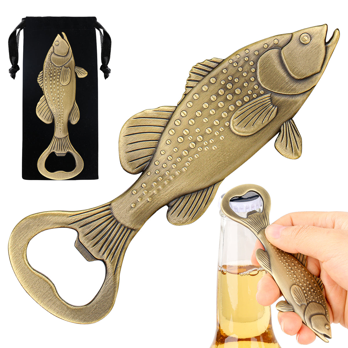 Bronze bass fish bottle opener with velvet bag and bottle in hand