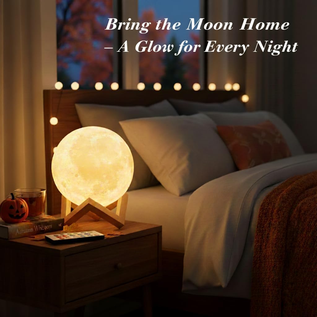Moon lamp on a bedside table giving a soft glow in a bedroom