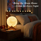 Moon lamp on a bedside table giving a soft glow in a bedroom
