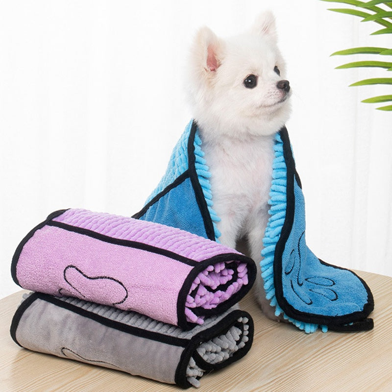 Small white dog on a blue pet towel with rolled purple and grey towels