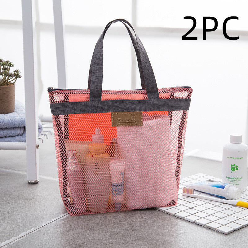 Pink mesh tote bag with toiletries and towel, 2-pack option